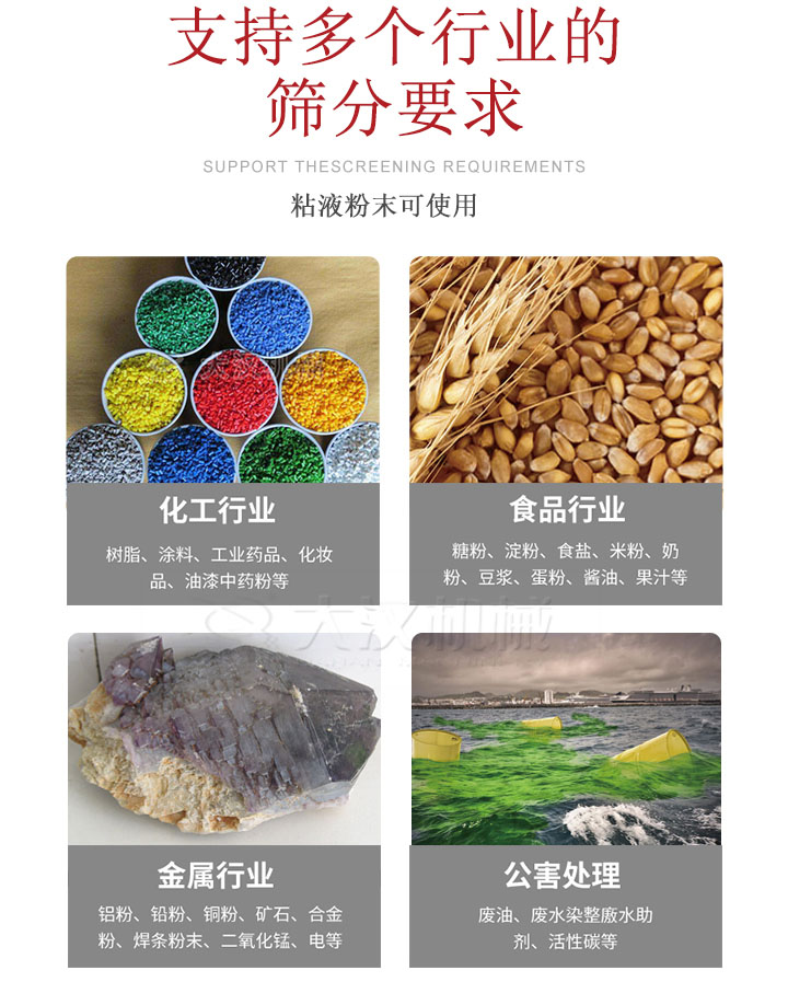 適用于化工行業(yè)，食品行業(yè)，金屬行業(yè)，以及公害處理等行業(yè)。化工行業(yè)：樹脂，涂料，工業(yè)藥品，化妝品，油漆，中藥粉等;食品行業(yè)：糖粉，淀粉，食用鹽，米粉，奶粉，豆?jié){，蛋粉，醬油，果汁等;金屬行業(yè)：鋁粉，鉛粉，銅粉，礦石，合金粉，焊條粉末，二氧化錳，電等。公害處理：廢油，廢水染整廒水助劑，活性炭等。超聲波振動(dòng)篩支持挑選定制常見的有：不銹鋼，碳鋼，全不銹鋼三種規(guī)格。不銹鋼：耐腐蝕，耐高溫適合化工行業(yè),碳鋼：鋼性強(qiáng)，硬度高經(jīng)久耐用,全不銹鋼：機(jī)身經(jīng)久耐用不易生銹不易腐蝕超聲波振動(dòng)篩共有一到四層可供選擇。大漢超聲波振動(dòng)篩優(yōu)勢(shì)：篩分效率高，篩分精度高，產(chǎn)量可提高0.5-10倍適用于：大米，米粉，綠豆，小米等。輕松解決堵網(wǎng)問題適用10目-635目之間的物料。