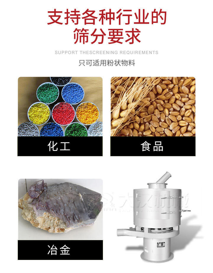 氣流篩用于礦粉，石墨粉，活性納米碳酸鈣，鋁灰，大豆粉，碳酸重鈣，石墨粉，木粉，干草，重金石粉，藥粉末，橡膠顆粒，草酸鹽，干料粉，木粉，聚酯粉，干粉，塑料，金屬粉末，橡膠粉，粉煤灰，石墨粉，陶瓷粉，鋅粉，石英粉，石灰粉，鐵粉，金屬硅粉等。