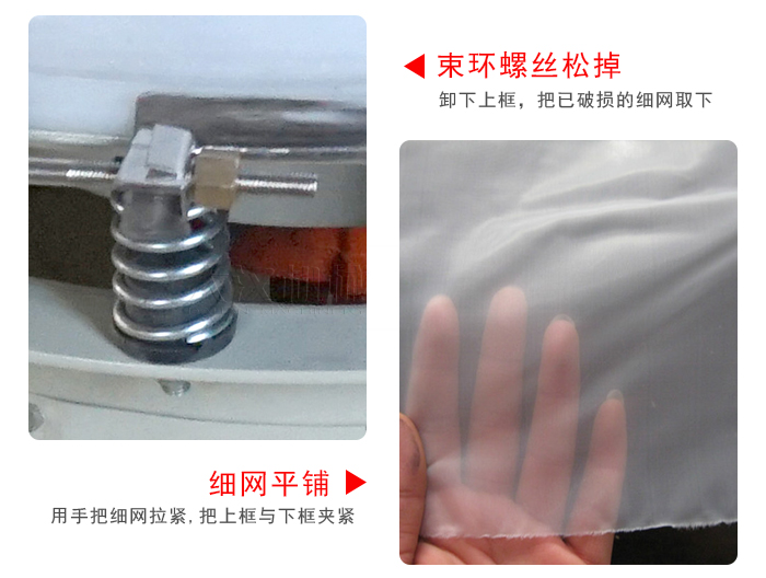 換網(wǎng)步驟：先松開束環(huán)，把新的細網(wǎng)平鋪在網(wǎng)架上繃緊